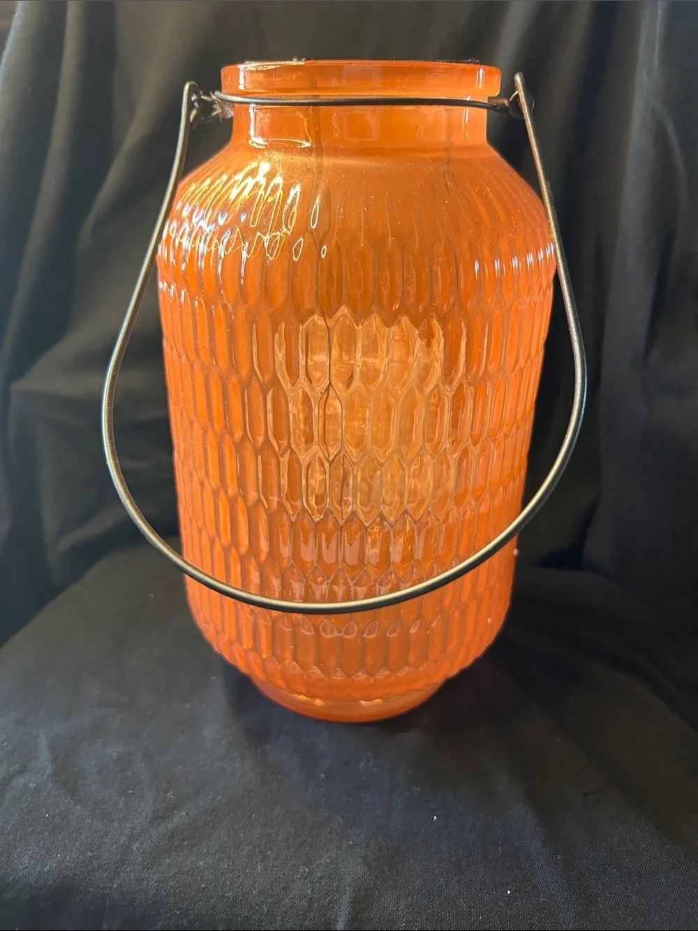 Orange Textured Glass Lantern with Metal Handle - Decorative Accent